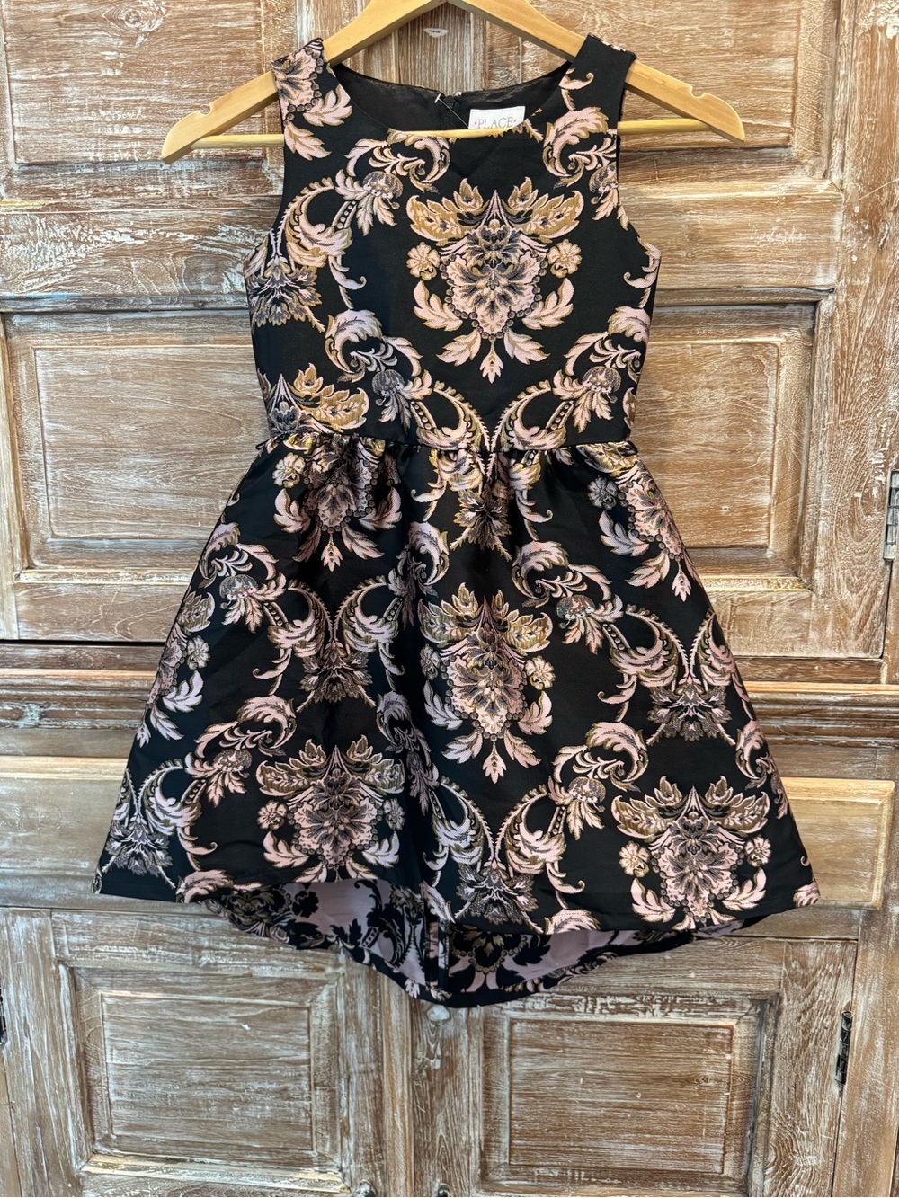 Children’s Place Black and Rose Gold Floral Damask Fit-and-Flare Dress Size 8